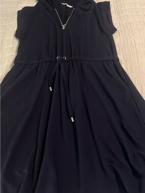 Cable & Gauge Hooded Drawstring A-Line Mini Dress in Navy